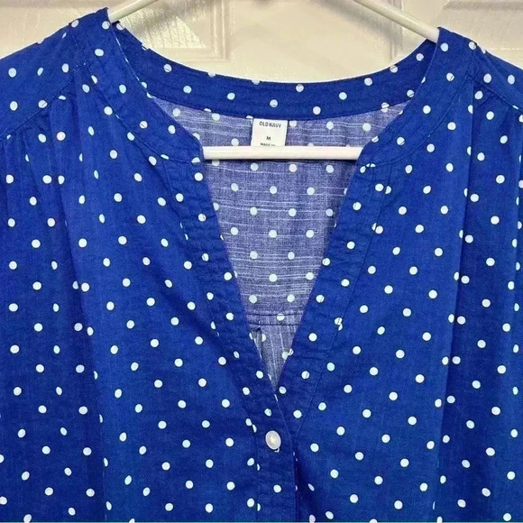 Old Navy Women Blouse Size M Blue Polka Dot V Neck Long Sleeve Shirt Top Button - Picture 3 of 7